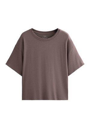 Bruine katoenen T-shirt met een relaxte pasvorm, korte mouwen en een ronde halslijn. De stof lijkt zacht en glad, zonder zichtbare patronen.