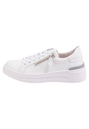 White leather sneaker with round toe, lace-up design, side zip closure, and a slightly elevated white rubber sole with a gray accent.