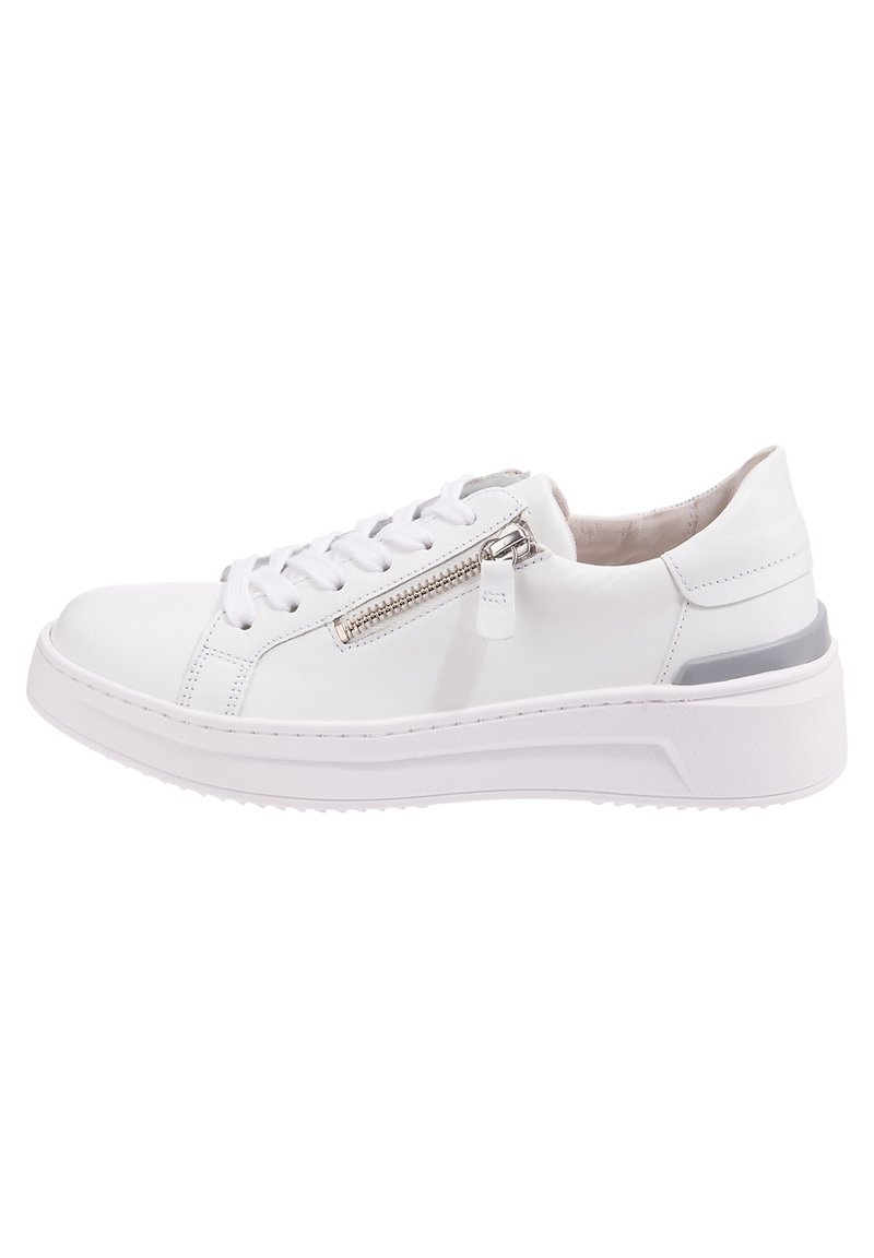 White leather sneaker with round toe, lace-up design, side zip closure, and a slightly elevated white rubber sole with a gray accent.