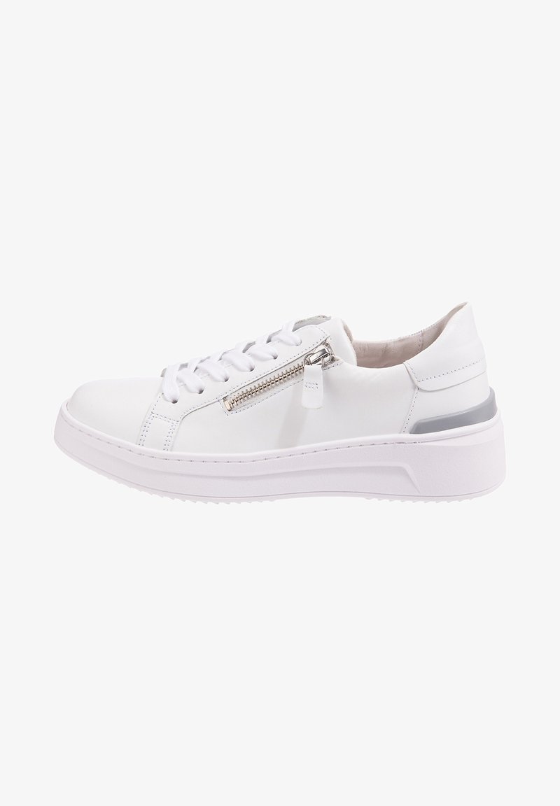 White leather sneaker with round toe, lace-up design, side zip closure, and a slightly elevated white rubber sole with a gray accent.