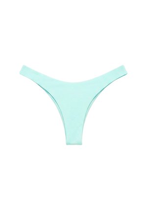 Light blue seamless bikini-style underwear on a white background, showing front view with thin waistband and high-cut leg openings.
