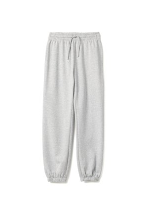 Hellgraue Jogginghose mit elastischem Bund und Bündchen, vorne mit Kordelzug für verstellbare Passform, flach auf weißen Hintergrund gelegt.