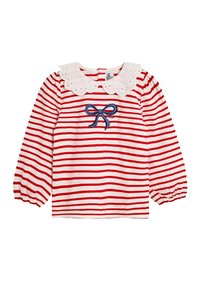 Langärmliges Shirt in Rot- und Weißstreifen mit einem gewellten weißen Kragen, der in der Mitte mit einer blauen gestickten Schleife verziert ist. Ballonärmel.