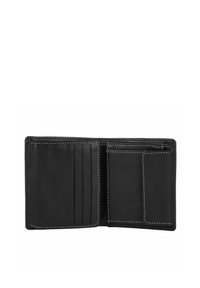 Black leather wallet with white stitching, featuring multiple card slots, a coin pocket, and an open compartment for bills.