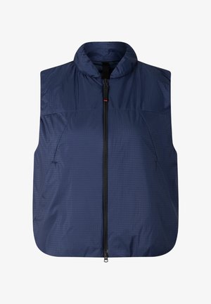 Granatowa bezrękawnikowa kamizelka z wysokim kołnierzem i czarnym przednim zamkiem błyskawicznym, wykonana z lekkiego, teksturowanego materiału.