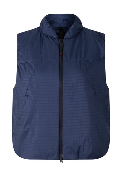 Marineblå ærmeløs polstret vest med høj krave og sort frontlynlås, lavet af let, tekstureret stof.