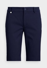 Marina blå korta shorts tillverkade av ett mjukt material, med knappstängning, bältesloopar och en liten varumärkesemblem på midjebandet.