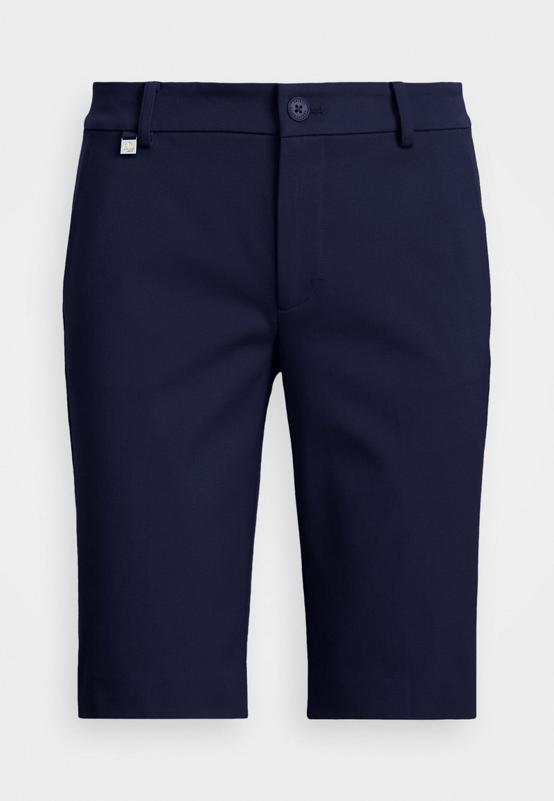 Marina blå korta shorts tillverkade av ett mjukt material, med knappstängning, bältesloopar och en liten varumärkesemblem på midjebandet.