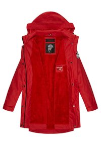 Red hooded jacket with a faux fur interior. Features snap closures, a logo patch, and a smooth exterior fabric. Inner lining is bright red.