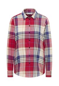 Camicia a maniche lunghe con bottoni, caratterizzata da un motivo a quadri multicolore in rosso, viola, beige e blu, e colletto classico.