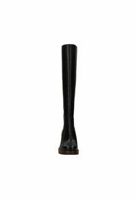 Black leather over-the-knee boot with a smooth texture, fitted design, and round toe. The shaft is tall and straight, resting on a flat brown sole.