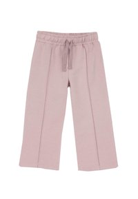 Růžové tepláky s rovnými nohavicemi vyrobené z měkké tkaniny. Obsahují elastický pas se šňůrkou a jemné boční švy pro texturu.