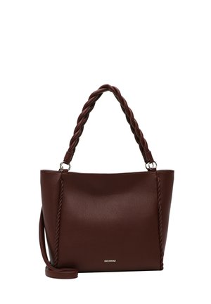 Dark brown leather handbag with braided handles and a small silver logo at the front center, shown against a white background.