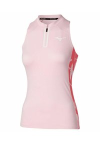 Hellrosa ärmelloses Sportoberteil mit hohem Kragen, verfügt über einen Reißverschluss und rote gemusterte Akzente an der Seite. MIZUNO-Logo auf der Vorderseite.