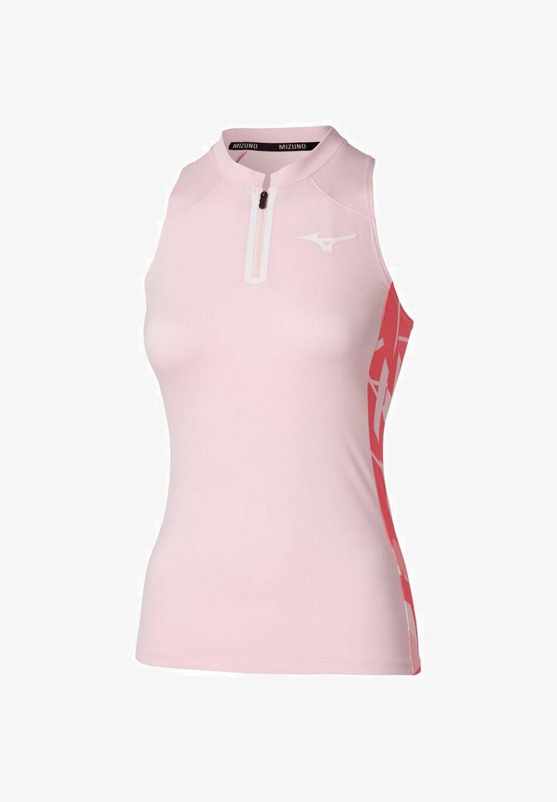 Top atletico senza maniche di colore rosa chiaro con colletto alto, dotato di chiusura con zip e accenti a motivo rosso sui lati. Logo MIZUNO sul davanti.