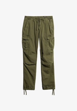 Spodnie cargo w oliwkowej zieleni z bawełny, z bocznymi kieszeniami, elastycznym paskiem w talii, ściągaczami przy nogawkach oraz luźnym krojem dla wygody.