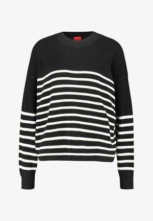 Czarnobiały sweter w paski z prążkowaną fakturą, zaokrąglonym dekoltem i długimi rękawami. Poziome paski różnią się szerokością. Widoczna metka marki.