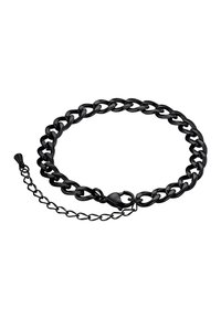 Bracciale in metallo nero con catena a grandi anelli e chiusura, dotato di un attacco di catena più piccola per una lunghezza regolabile. Finitura liscia e lucida.