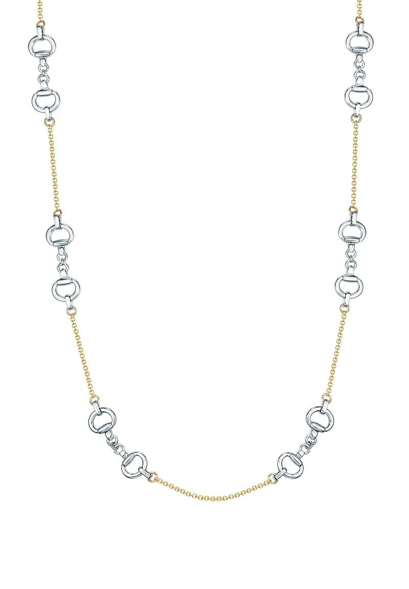 Sølv- og guldtonet halskæde med skiftende runde led og delikate kædeafsnit, der fremhæver en blanding af teksturer og finish.