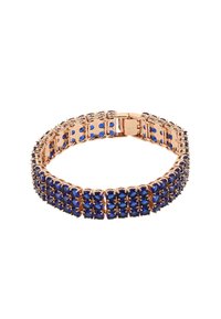 Złota bransoletka z niebieskimi kamieniami szlachetnymi, zaprojektowana w elastycznym stylu z bezpiecznym zapięciem. Kamienie są cięte w owalnym kształcie, ułożone w rzędach.