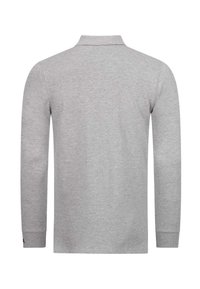 Light gray long-sleeve polo shirt with a collar, shown from the back, featuring a straight hem and fitted cuffs.
