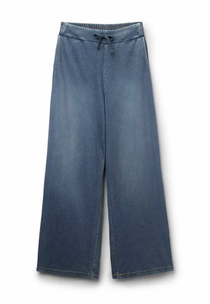 Breitbeinige blaue Jeanshose mit elastischem Bund und vorderem Kordelzug, geraden Nahtdetails und ohne sichtbare Taschen.