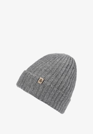Gray ribbed knit beanie with folded cuff and a small beige tag featuring a black logo on the cuff.
