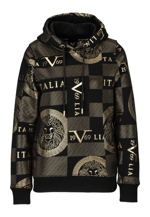 Sweat à capuche noir avec motif géométrique doré, têtes de lions et texte "19 V 69 Italia" sur le tissu et la capuche.