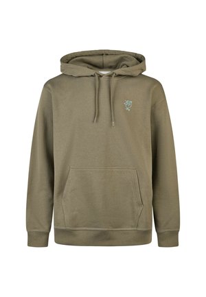 Olive green hoodie made of soft material, featuring a front pocket, adjustable drawstring hood, and a light blue embroidered design on the chest.