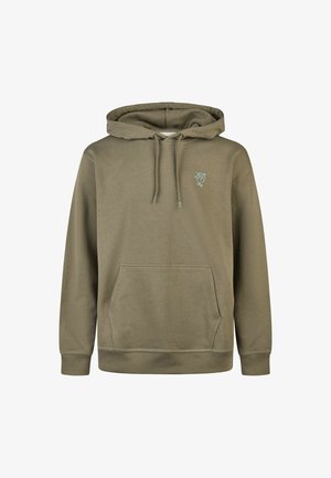 Olive green hoodie made of soft material, featuring a front pocket, adjustable drawstring hood, and a light blue embroidered design on the chest.