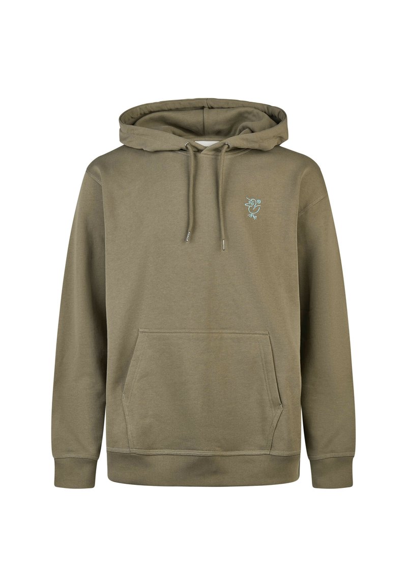 Olive green hoodie made of soft material, featuring a front pocket, adjustable drawstring hood, and a light blue embroidered design on the chest.