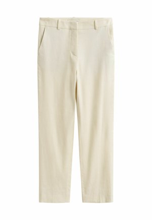 Beige op maat gemaakte broek met rechte pijpen, zijzakken, riemlussen en een verborgen ritssluiting aan de voorkant.