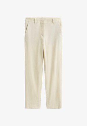 Beige tailored pants with a straight leg, side pockets, belt loops, and a hidden front zipper closure.