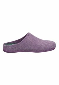 Purple felt clogs with a rounded toe and open back. Features a textured surface and a solid purple rubber sole for durability.