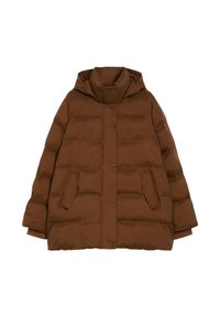 Giacca a vento marrone con cappuccio, caratterizzata da un design trapuntato, due tasche laterali e chiusura con bottoni sul davanti. Texture morbida e liscia.