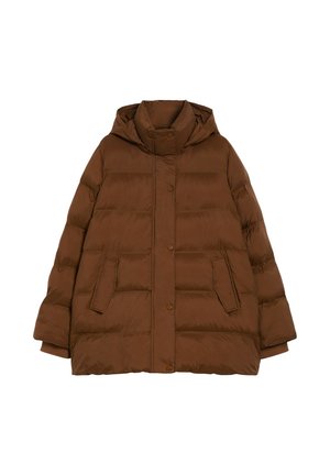 Giacca a vento marrone con cappuccio, caratterizzata da un design trapuntato, due tasche laterali e chiusura con bottoni sul davanti. Texture morbida e liscia.