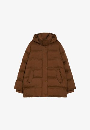 Giacca a vento marrone con cappuccio, caratterizzata da un design trapuntato, due tasche laterali e chiusura con bottoni sul davanti. Texture morbida e liscia.