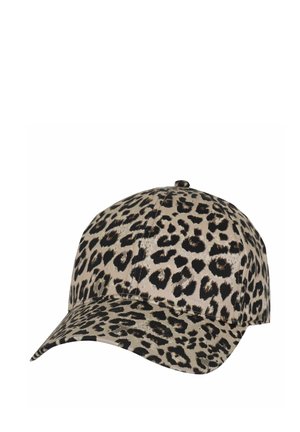 Beige Baseballcap mit schwarzem und braunem Leopardenmuster, ausgestattet mit einer gebogenen Krempe und einem Knopf oben.