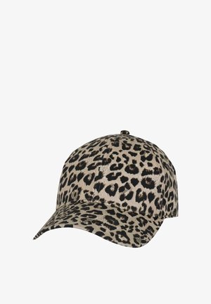 Beige baseball cap with black and brown leopard print pattern, featuring a curved brim and button on top.