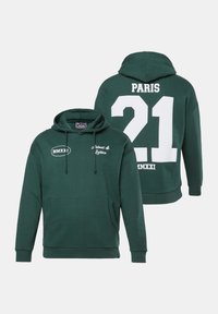 Grüne Kapuzenjacke mit Kängurutasche, weißem Text "PARIS 21" auf dem Rücken und "MMXXI" auf der Vorderseite gestickt, mit einer verstellbaren Kapuze.