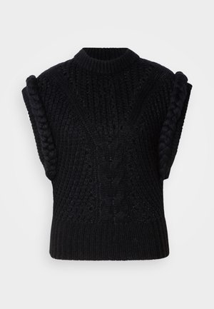 Sort strikket ærmeløs sweater med hævede kabelmønstre, tekstureret design og fletdetaljer på skuldrene. Rund halsudskæring.