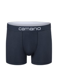 Navyblaue Herren-Boxershorts aus weichem Material, mit einem weißen, gebrandeten Bund und einem figurnahen Design mit einem Schnitt bis zur Mitte des Oberschenkels.