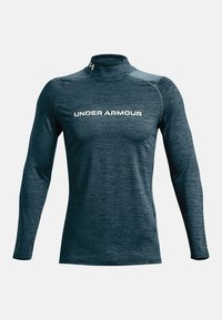 Dlouhý rukáv, tmavě modrý sportovní top, materiál s odvodem vlhkosti, design s polo-výstřihem, s bílým logem "UNDER ARMOUR" napříč hrudníkem.