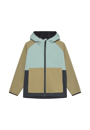 Farbblockierte Jacke mit Kapuze, die mintgrüne, beige und dunkelgraue Einsätze aufweist. Mit Reißverschluss vorne und großen Vorderfächern. Glatte Textur.