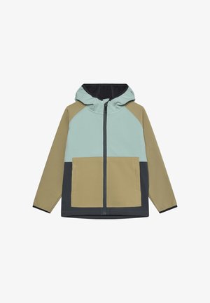 Farbblockierte Jacke mit Kapuze, die mintgrüne, beige und dunkelgraue Einsätze aufweist. Mit Reißverschluss vorne und großen Vorderfächern. Glatte Textur.