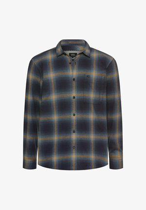 Button-up shirt in dark blue with an orange and light blue plaid pattern. Features long sleeves and a single chest pocket. Lightweight fabric.