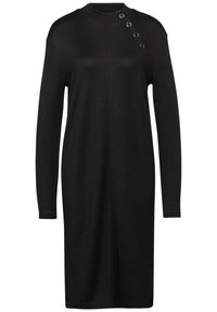Abito lungo nero con maniche lunghe e collo alto, caratterizzato da quattro bottoni decorativi su una spalla e una silhouette dritta. Materiale morbido.