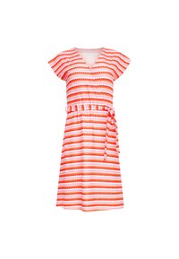 Rood en roze gestreepte jurk met een V-hals, korte vloeiende mouwen, een strik in de taille en een rok tot de knie. Gladde stofstructuur.