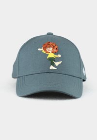 Gray cap with a curved brim, featuring an embroidered cartoon character with red curly hair, yellow shirt, and green pants.