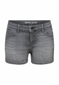 Shorts en denim gris avec bouton frontal, passants pour ceinture et poches, étiquetés "Esprit Jeans" sur la ceinture intérieure.